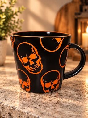 Halloween Skull Coffee Mug Ceramic Black Orange 17 Oz Spooky Gothic Prima Design